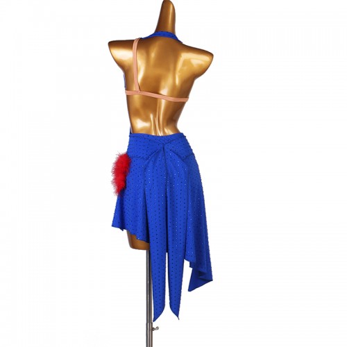 Royal blue rhinestones with rea feather competition latin dance dresses for women girls modern dance flowy irregular skirts rumba salsa cha cha jive dance outfits